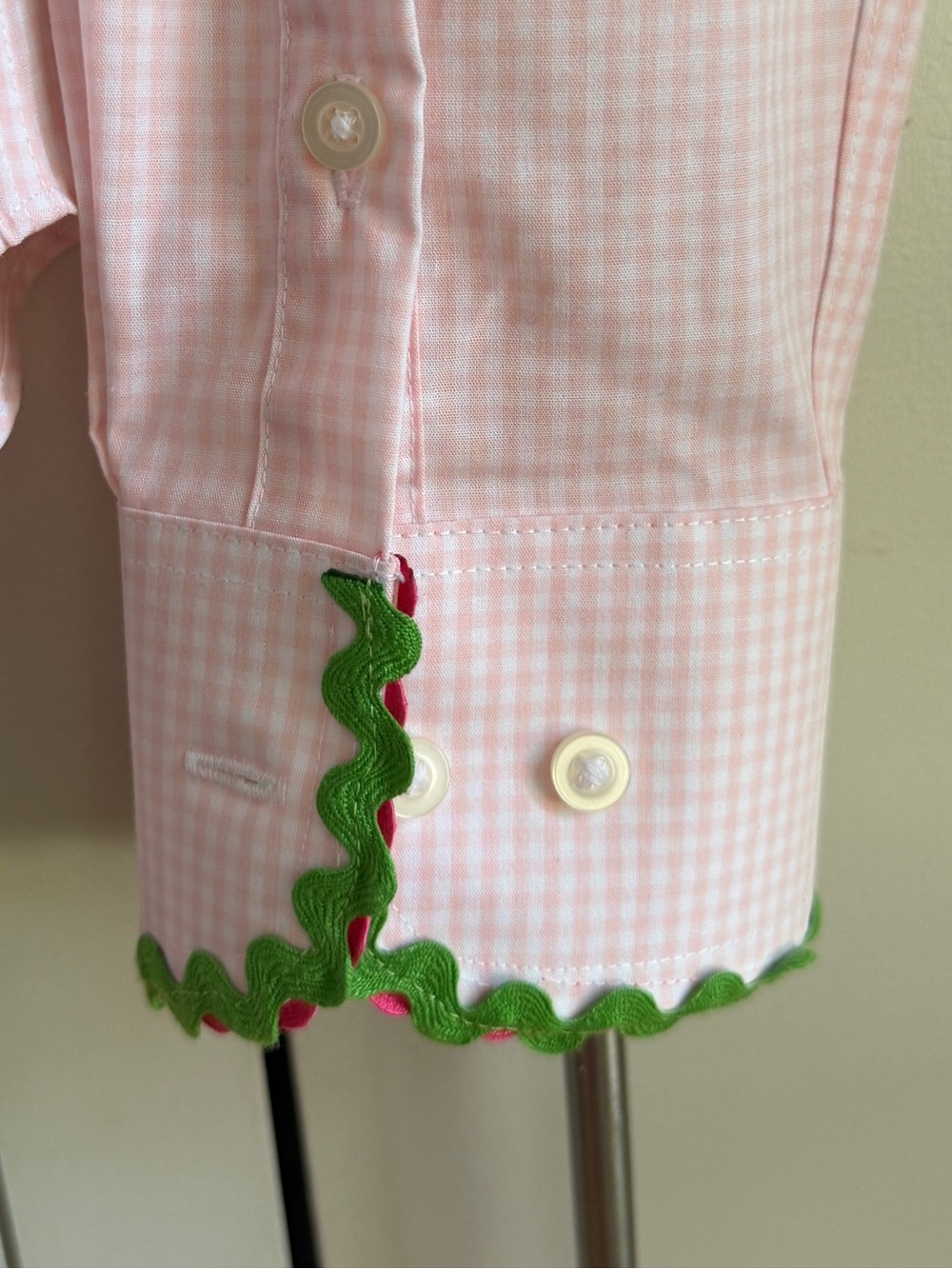 NWOT PearlyVine Ballet Pink Gingham RicRac Button Down LS Shirt, S, MSRP $139 - Picture 8 of 13